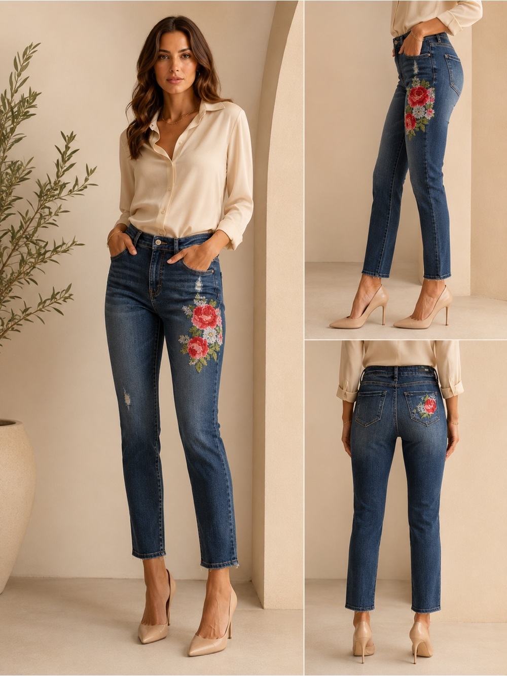 Kut from the Kloth Blue Straight Leg Jeans with Red Floral Embroidery